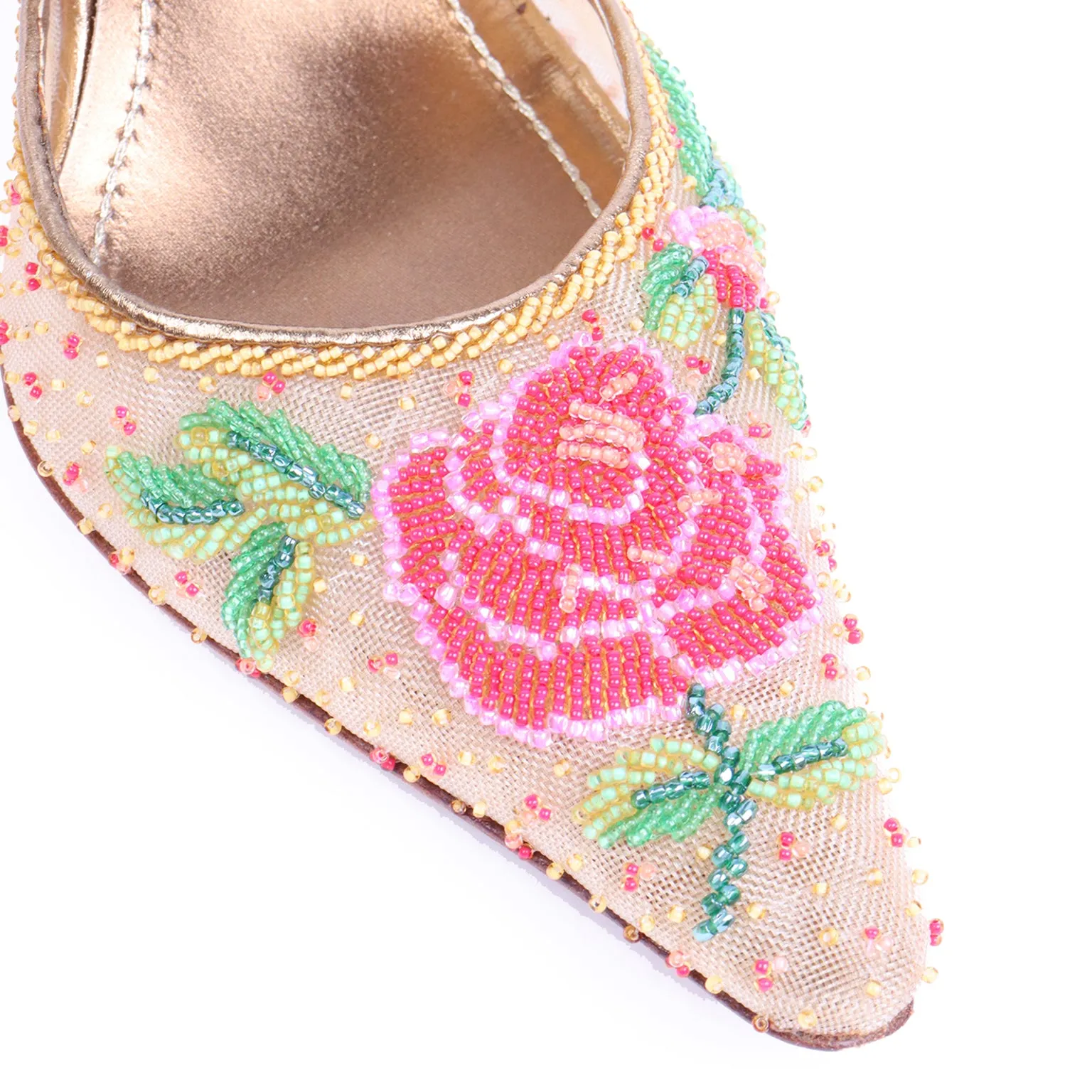 2000s Rene Caovilla Beaded Slingback Shoes with Pink Roses & Heels w Box