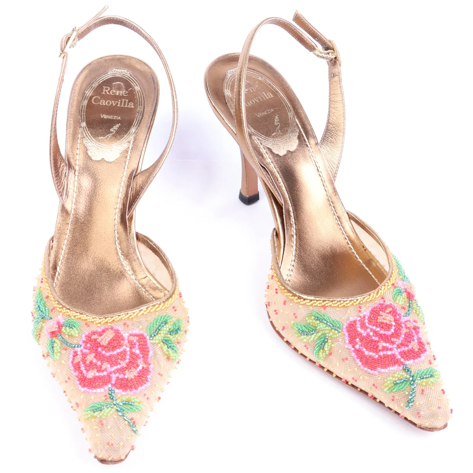 2000s Rene Caovilla Beaded Slingback Shoes with Pink Roses & Heels w Box