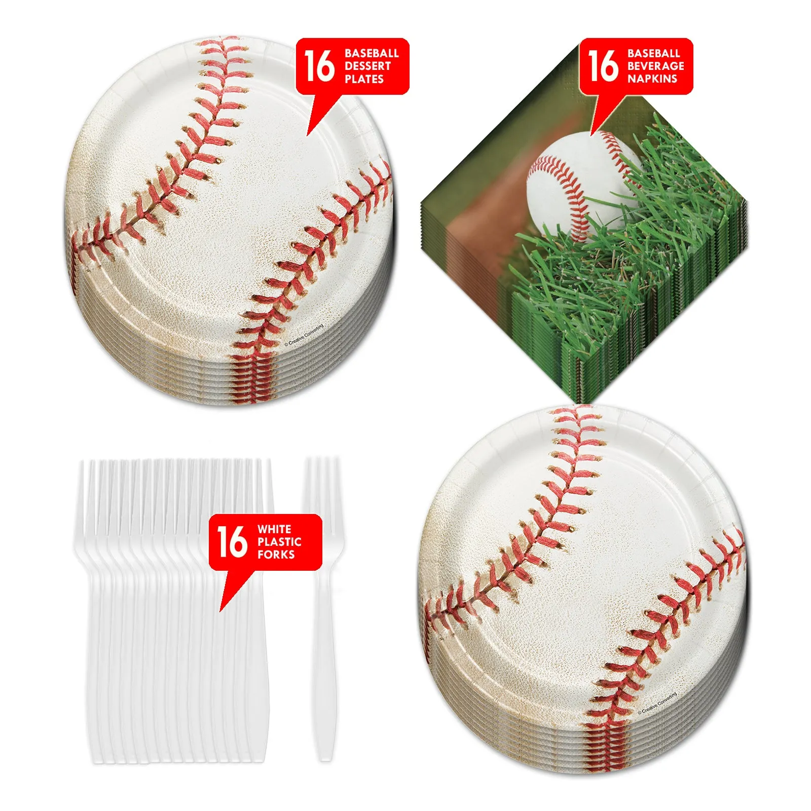 Baseball Party Dessert Plates, Beverage Napkins, Forks (Serves 16)