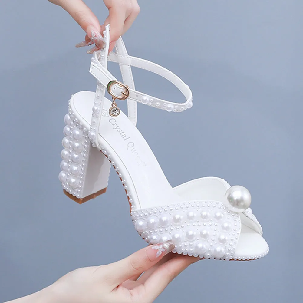 Elegant Open Toe Ankle Strap Wedding Shoes With Pearl