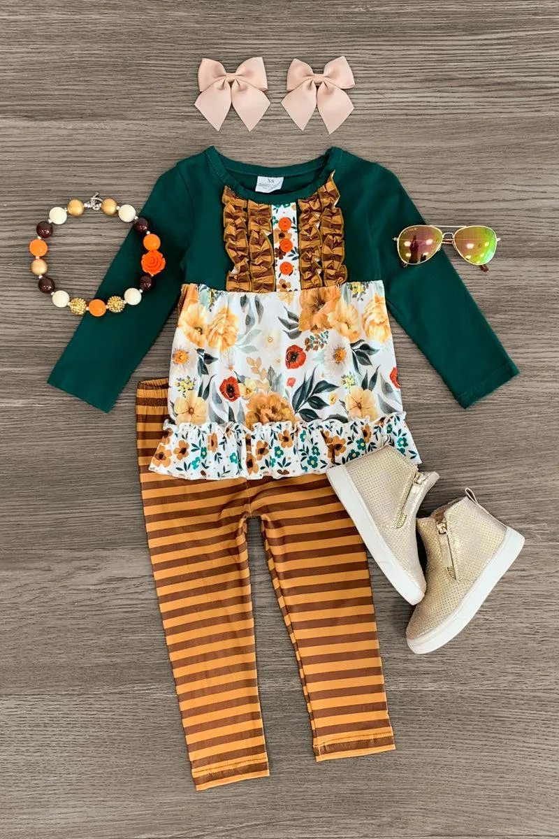 Green Ruffle Floral Striped Legging Set