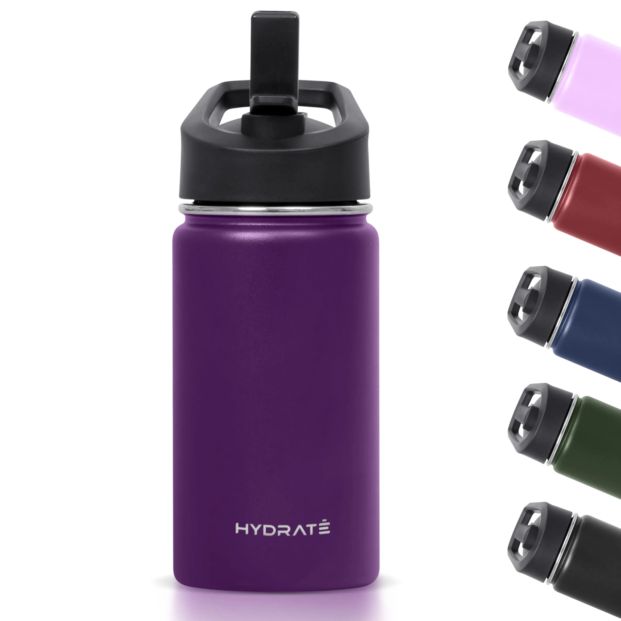 Hydrate Water Bottle For Kids - 14oz - Insulated Thermal Bottles - Keep Drinks Cold Or Warm For 6-12hrs - Tumbler For Toddler With Straw Lid - Leak Proof - Kids Water Bottles - Dark Purple