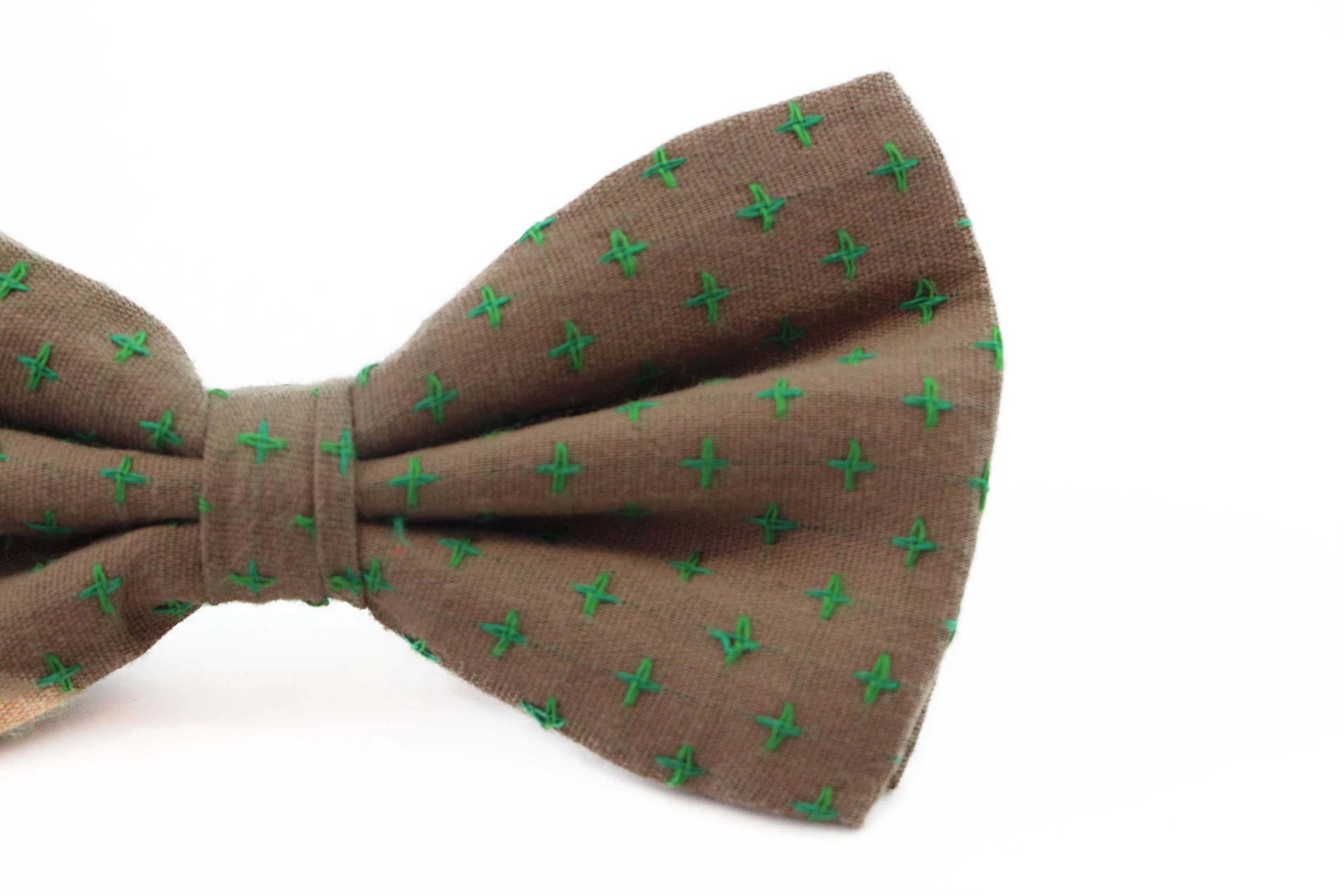 Mens Brown With Green Star Patterned Cotton Bow Tie