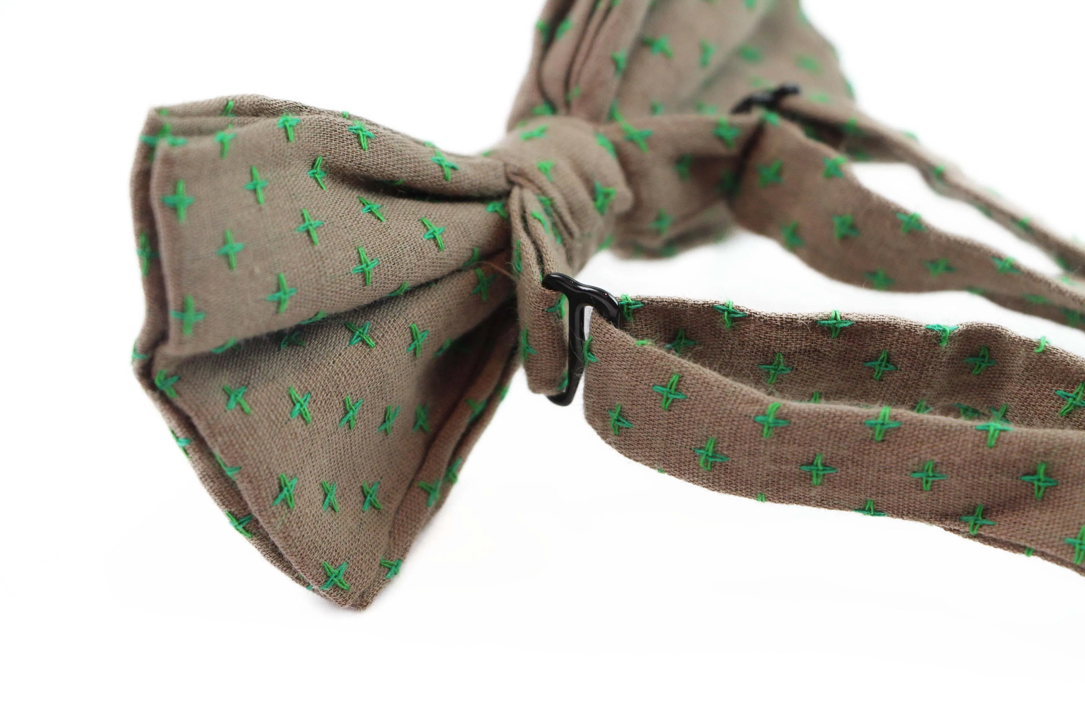 Mens Brown With Green Star Patterned Cotton Bow Tie