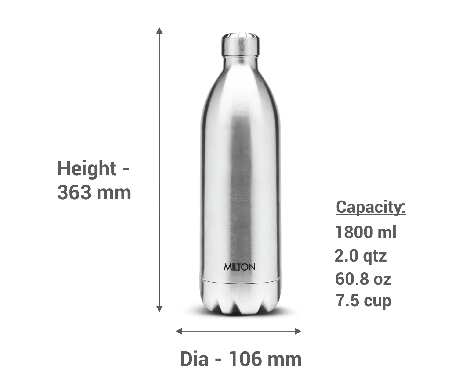 Milton Thermosteel Duo 1000 ML & Thermosteel Duo DLX 1800 Stainless Steel Water Bottle, 1.8 Liters, Silver