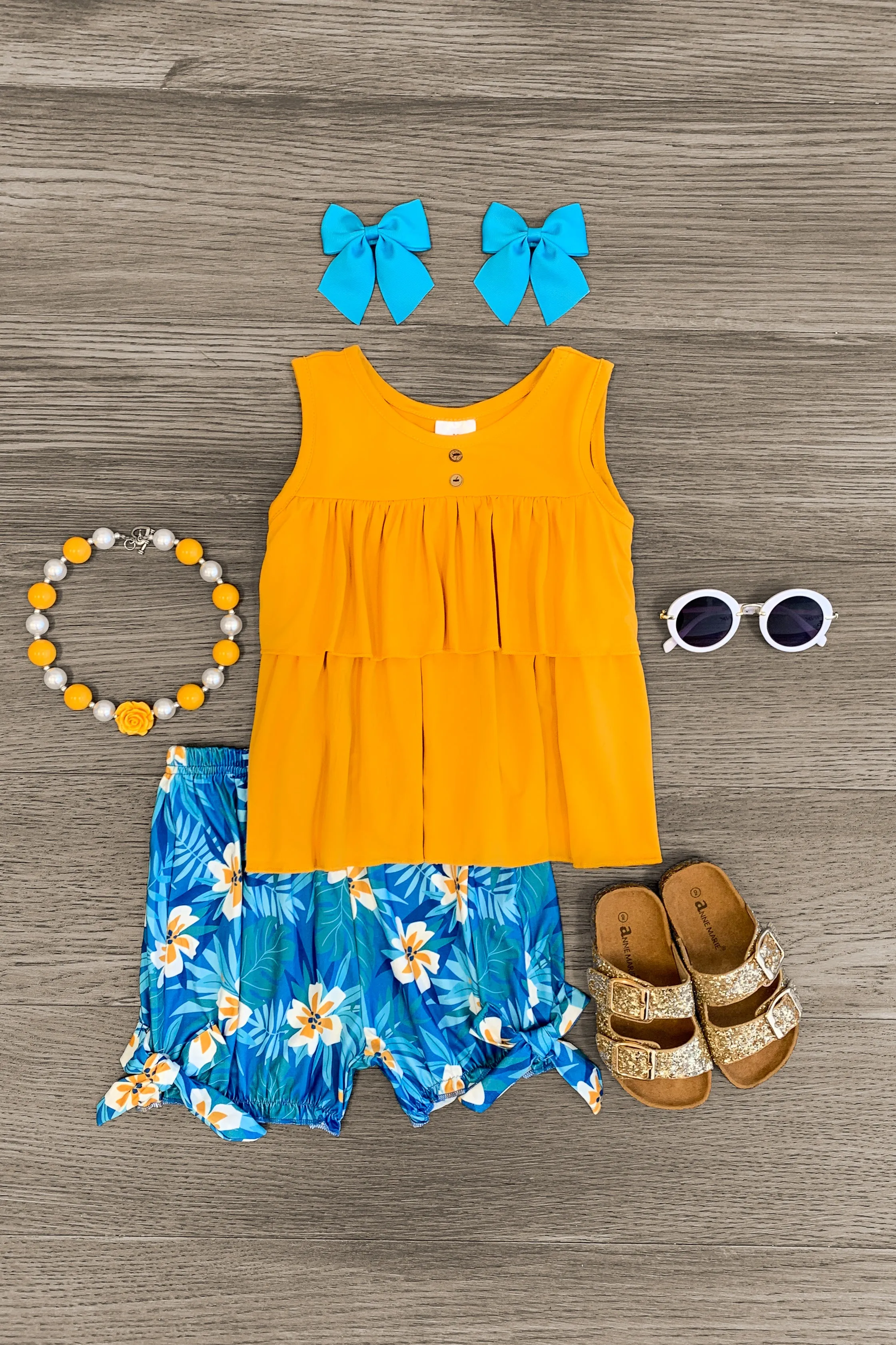 Mustard & Blue Palm Ruffle Short Set