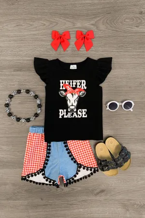 "Heifer Please" Black & Red Gingham Short Set