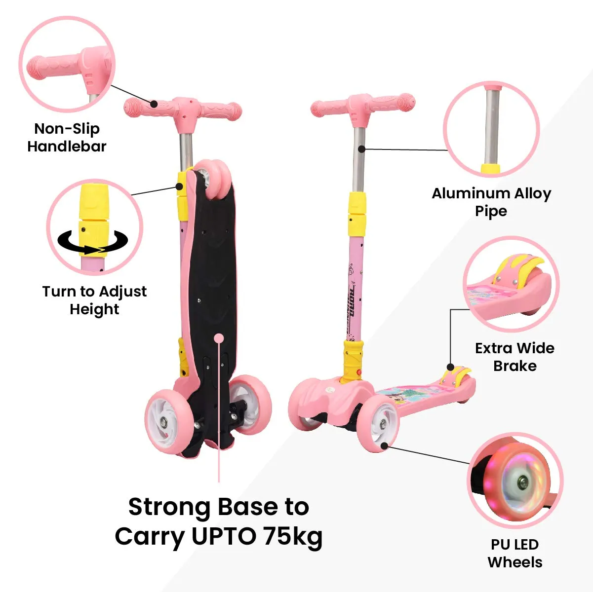 R for Rabbit Road Runner Scooter for Kids of 3 to 14 Years Age 4 Adjustable Height, Foldable, LED PU Wheels & Weight Capacity 75 kgs Kick Scooter with Brakes | 6 Months Warranty | (Pink)