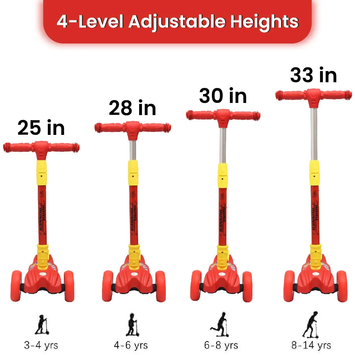 R for Rabbit Road Runner Scooter for Kids of 3 to14 Years Age 3 Level Adjustable Height Foldable, LED PU Wheels Weight Capacity 75 kgs Kick Scooter with Brakes | 6 Months Warranty | (Red)