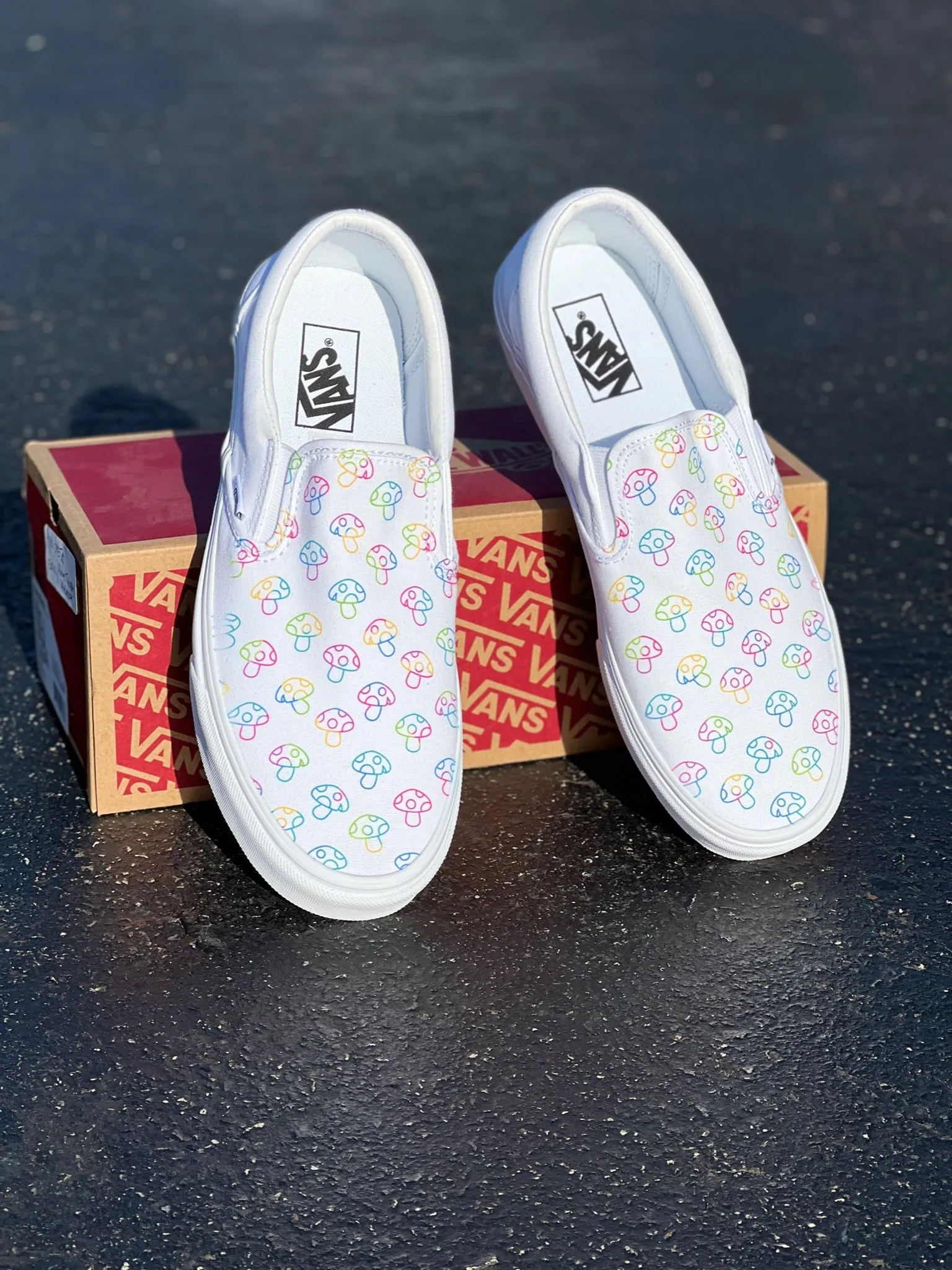 Rave Trippy Mushroom Shoes - Custom Vans White Slip On Shoes