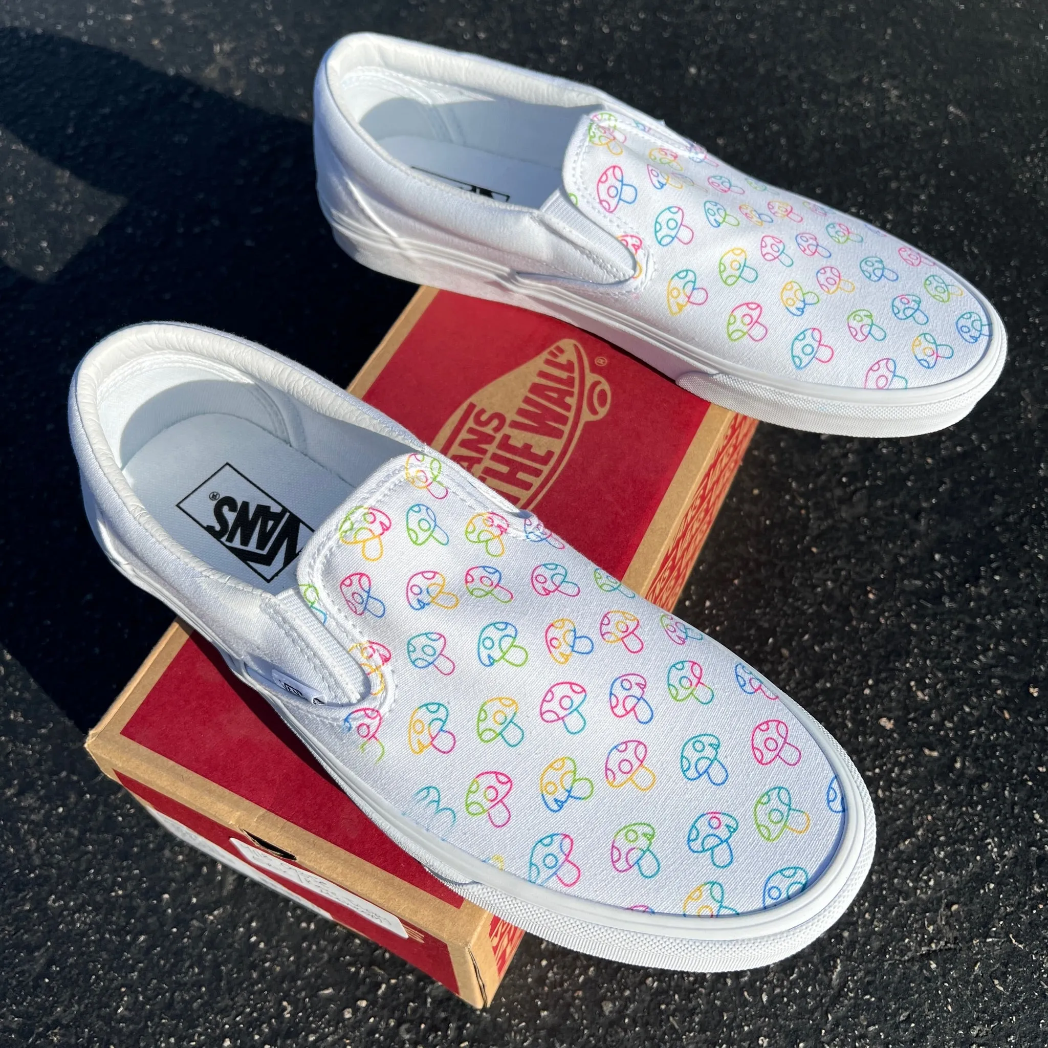 Rave Trippy Mushroom Shoes - Custom Vans White Slip On Shoes