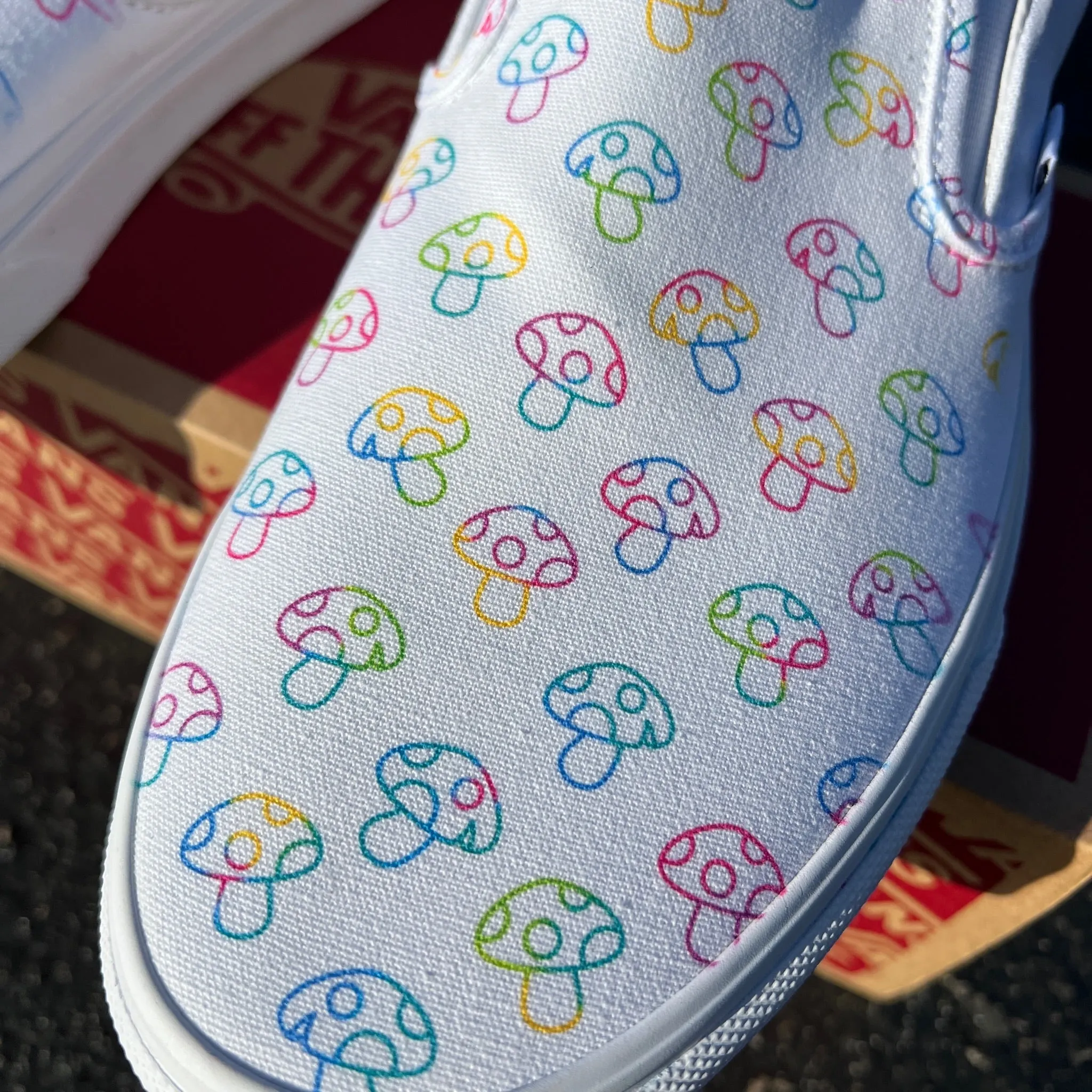 Rave Trippy Mushroom Shoes - Custom Vans White Slip On Shoes