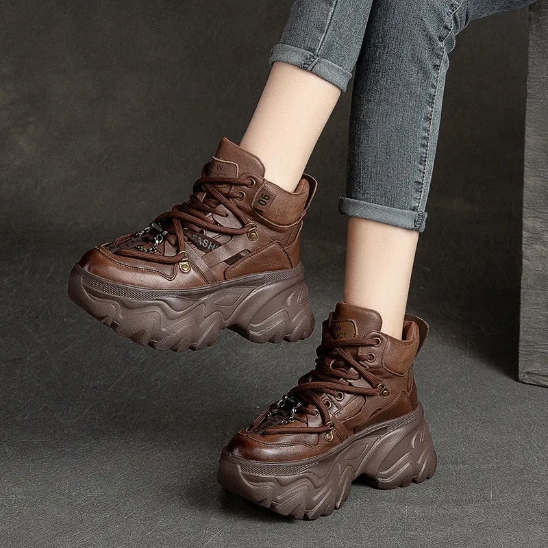 Women Retro Solid Leather Platform Dad Sneakers